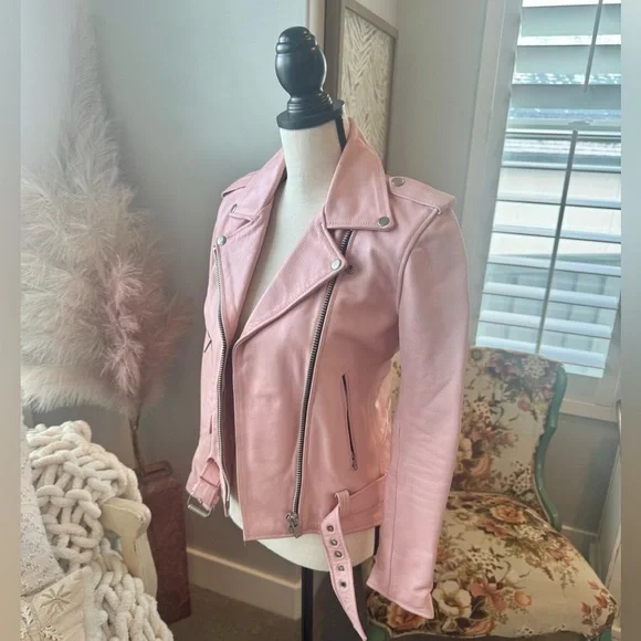 Understated Leather Pink Zipper Belted Collared Biker Jacket Women’s XS - Picture 7 of 13